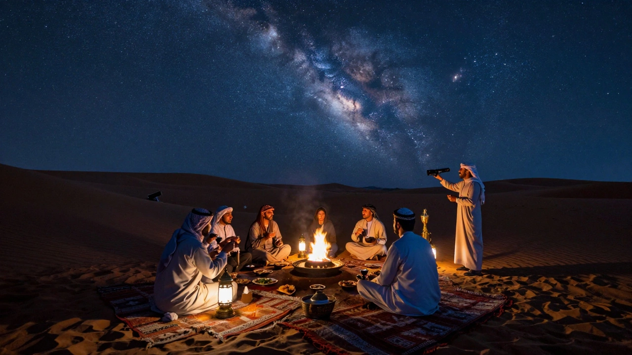 A quiet desert camp under a starry sky with lanterns and a storyteller near a fire.