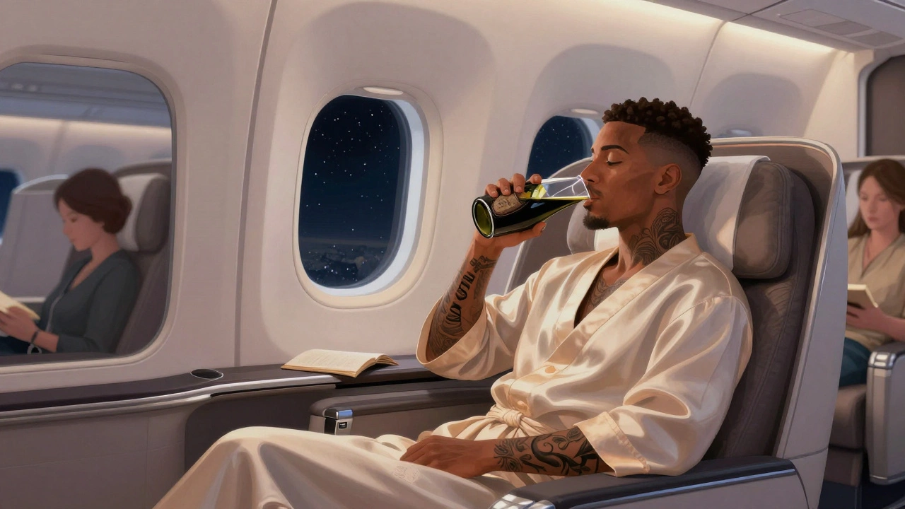 A tattooed passenger enjoying champagne in Emirates first class, with stars visible through the window and luxurious cabin details.