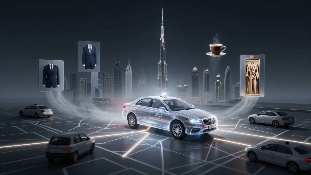 A transparent taxi glows along a route from airport to Business Bay's skyline, surrounded by luxury icons in a minimalist style.