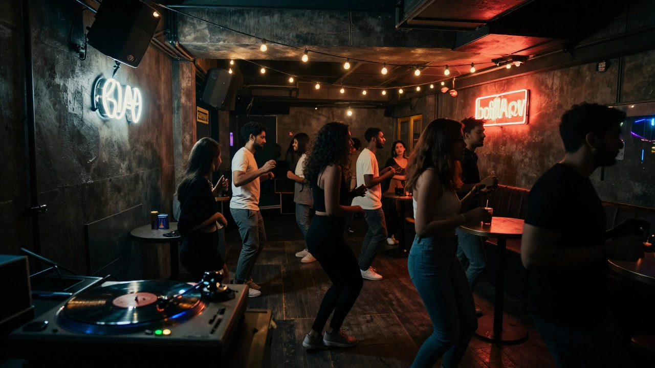 A vibrant underground club with industrial decor and people dancing to vinyl music.