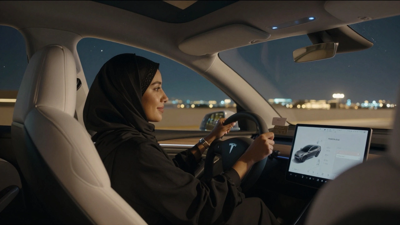 A woman relaxes in a Tesla at night, driver in rearview mirror offering a business card.