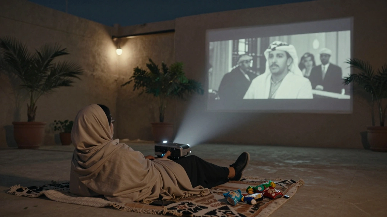 A woman watching a classic film projected on a warehouse wall at Alserkal Avenue's outdoor cinema.
