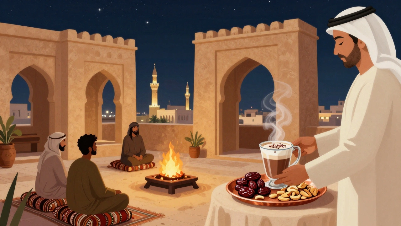 Bedouin-inspired rooftop retreat with a fireplace, handwoven cushions, and spiced camel milk hot chocolate under starry skies.