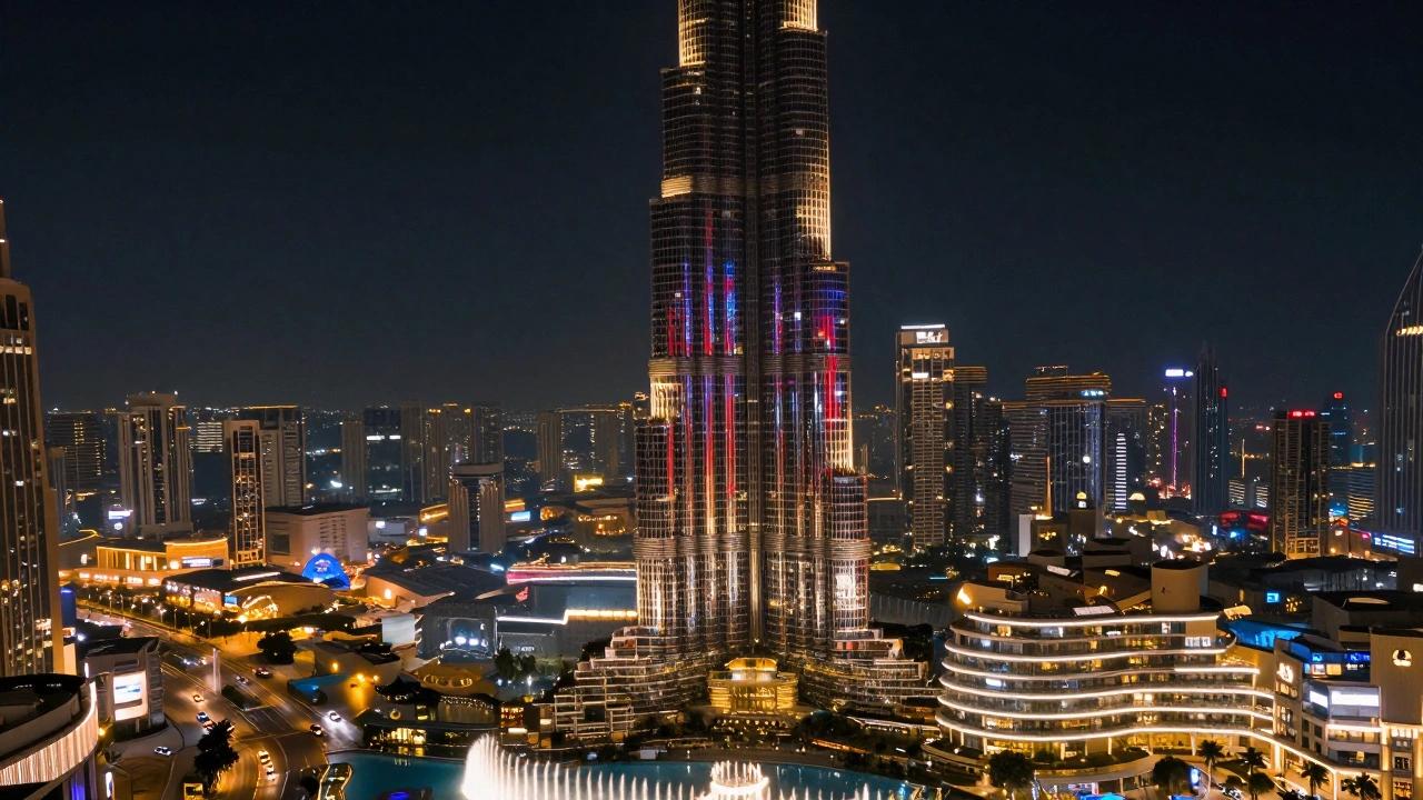 Burj Khalifa at night, glowing with colorful LED lights against the dark urban landscape.