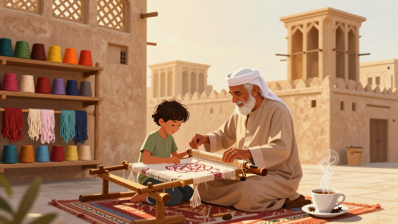 Child learning traditional sadu weaving from an artisan during Dubai Heritage Week in Al Fahidi.