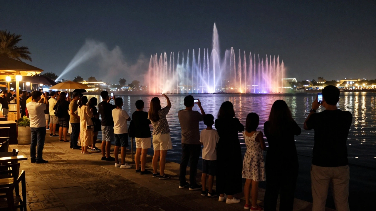Crowds watching Dubai fountain show from lakeside promenade area