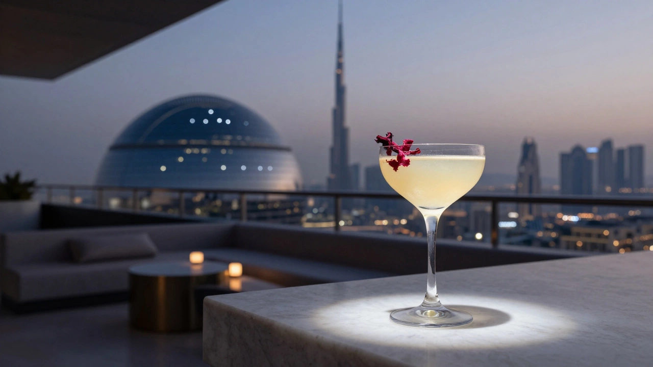 Desert Bloom cocktail at La Perle Sky Lounge with hibiscus petals and Dubai skyline in twilight.