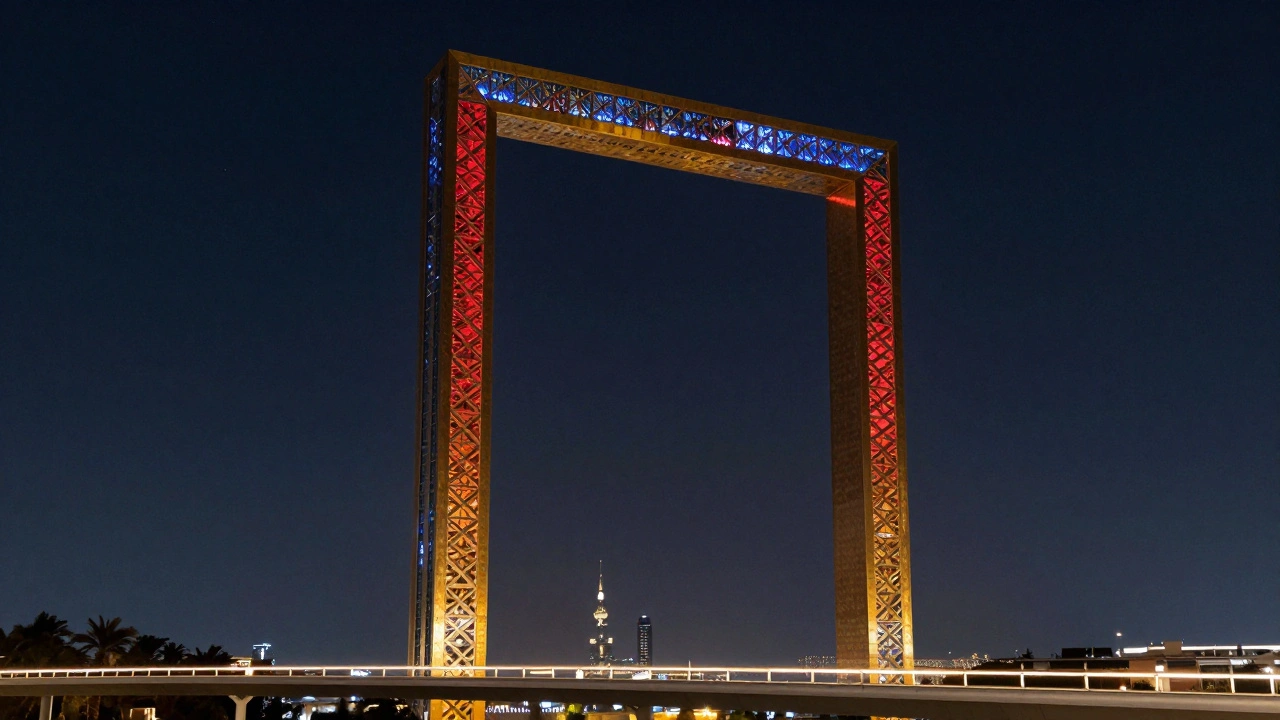 Dubai Frame glowing in golden, red, and blue lights at night, silent and majestic under a dark sky.