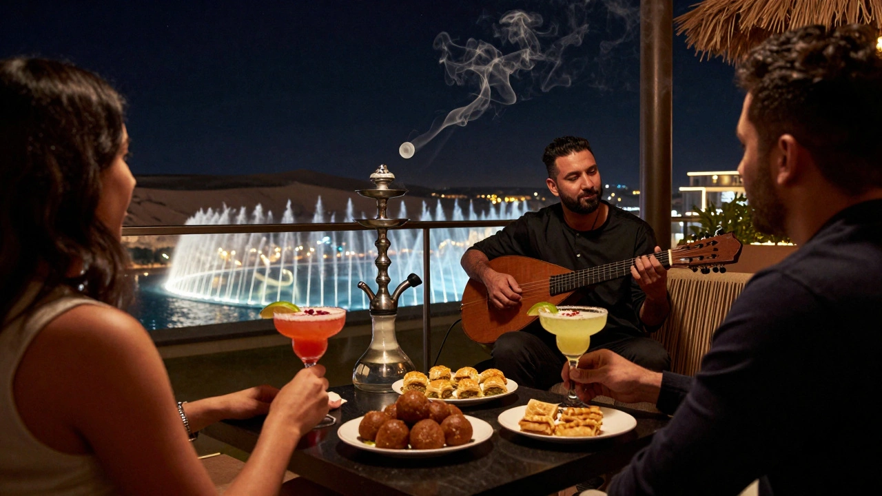 Elegant guests at The Penthouse enjoying cocktails and live oud music under Dubai’s night skyline.