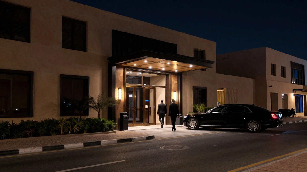 Evening exterior of a modern venue in Dubai's Fashion District with guests arriving