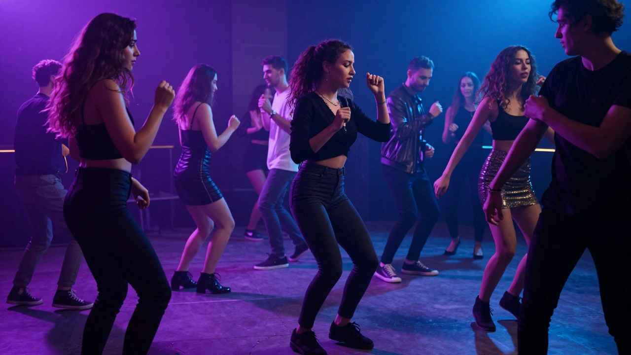 Fashionable crowd dancing on a club floor with dynamic stage lighting