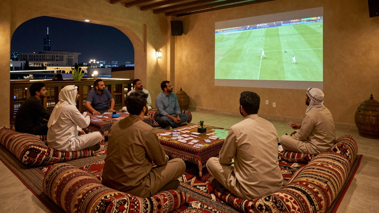 Friends relaxing on cushions in a traditional majlis room watching screens