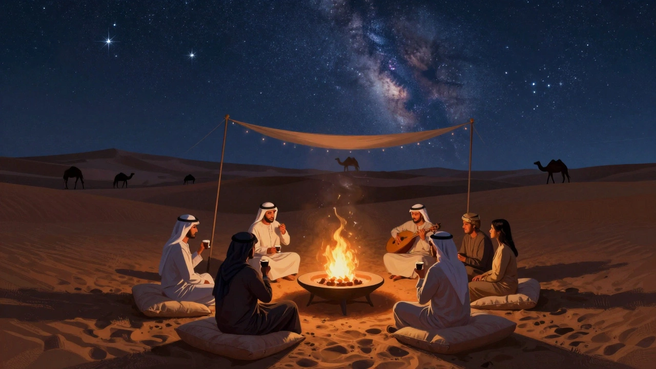 Guests gathered around a firepit in the desert under a starry sky, listening to traditional Arabic music.