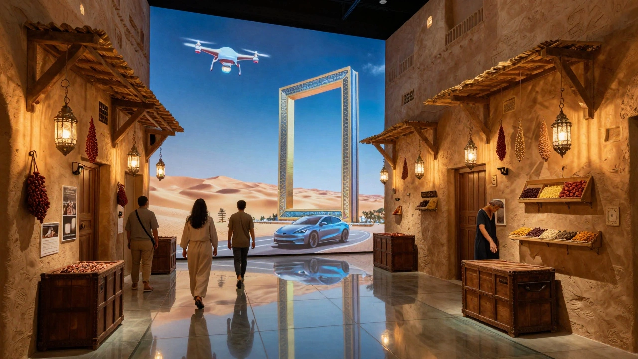 Immersive museum inside Dubai Frame showing holograms of modern Dubai blending with a recreated 1970s souk.
