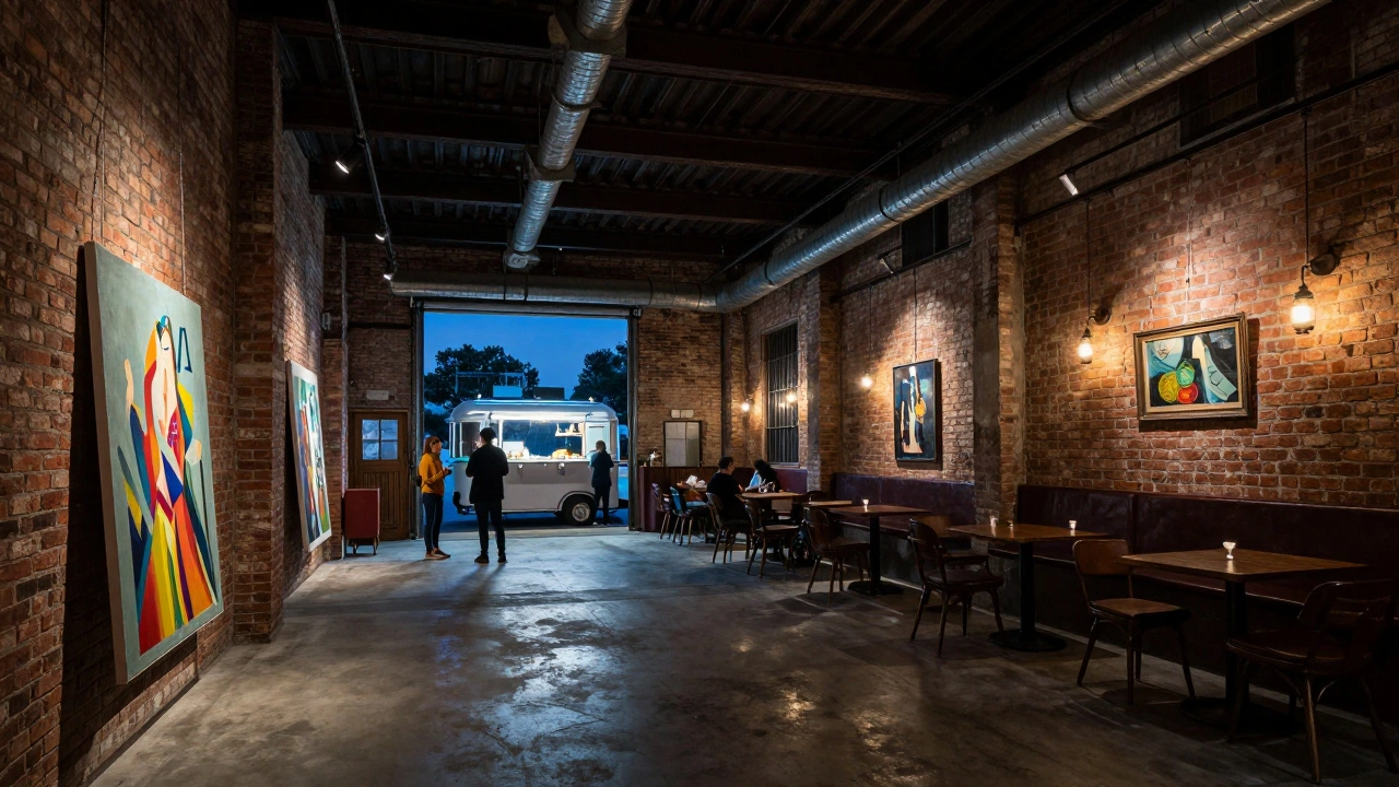 Industrial warehouse lounge with art and food truck in Al Quoz
