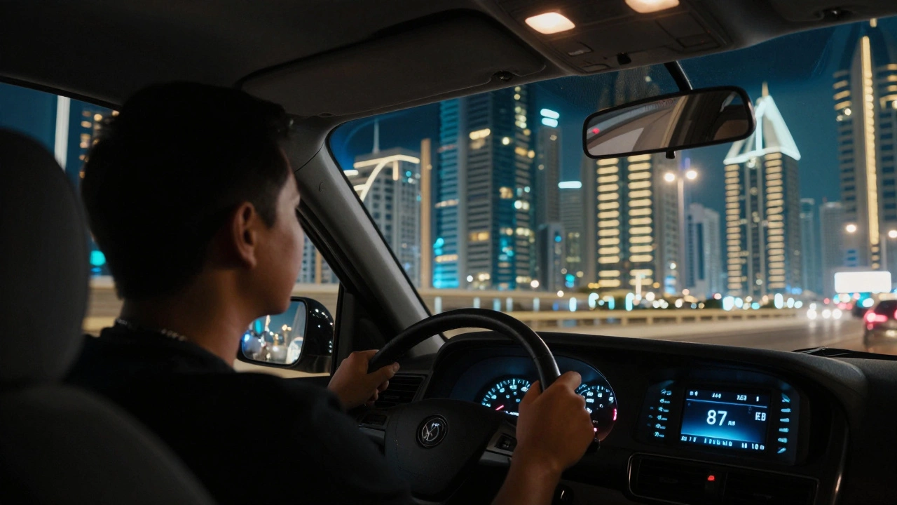Inside a Dubai taxi at night, neon skyscrapers blur past the window as the meter shows 87 AED.