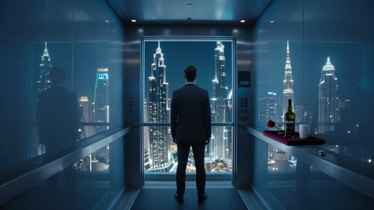 Inside a private elevator ascending Dubai's tallest tower, ambient light glows as a rose and whisky bottle float mysteriously in mid-air.
