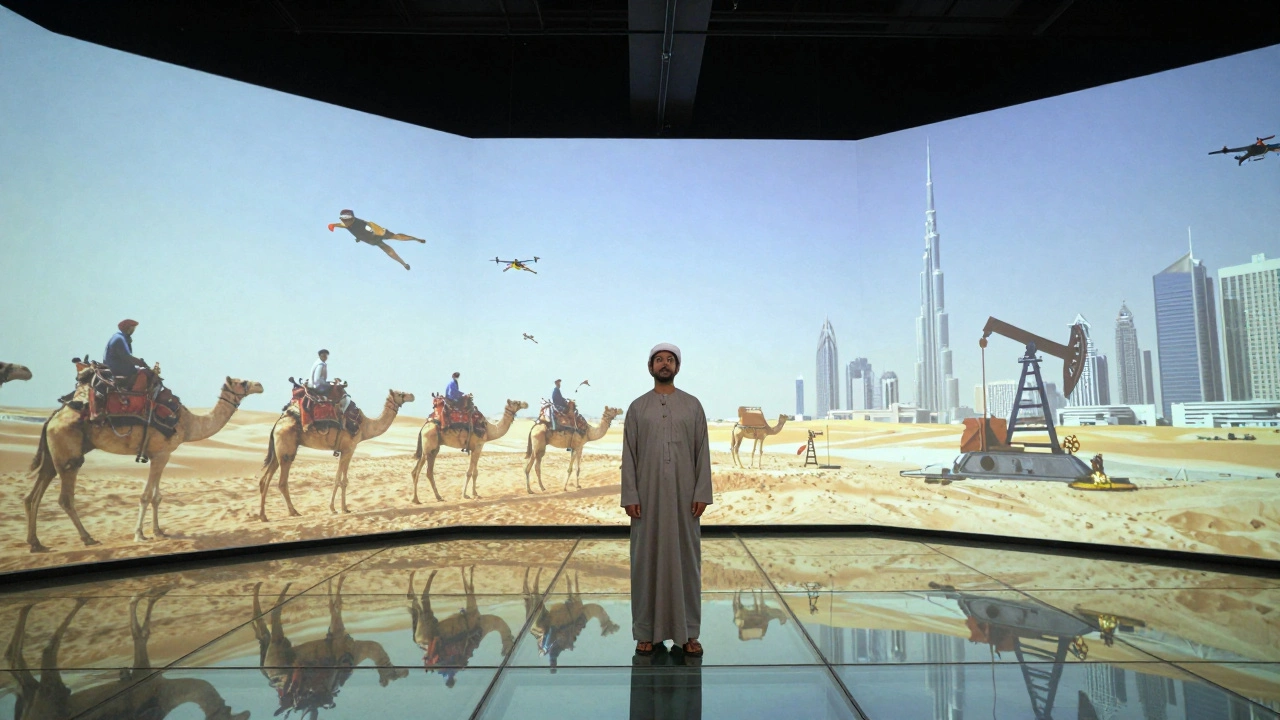 Inside the Dubai Frame, immersive digital projections surround a visitor as the city's history unfolds across every wall.