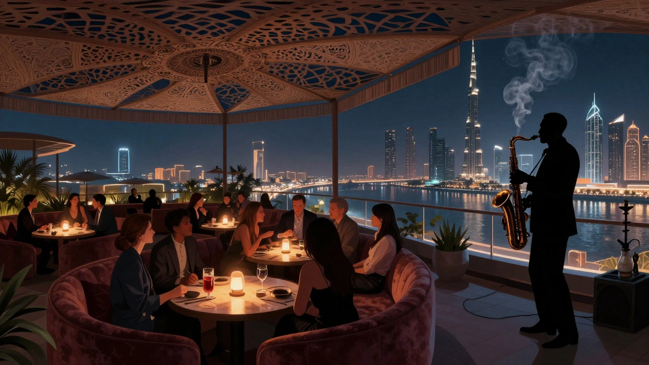 Jazz night at a rooftop bar with arabesque canopy and view of Dubai Creek Tower under construction.