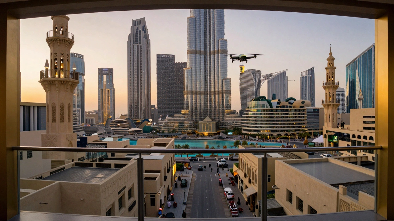 Looking down through glass flooring at old Dubai below while the modern skyline glows above at golden hour.