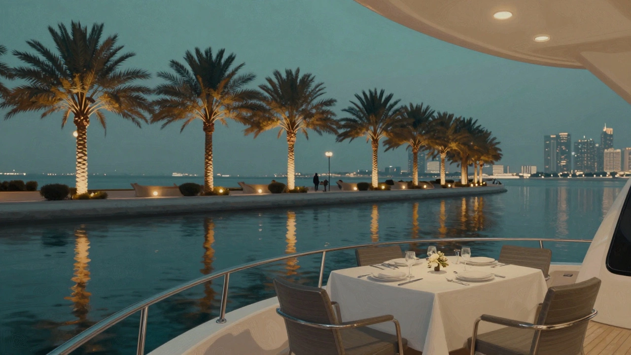 Luxury yacht anchored near lit-up Palm Jumeirah island at dusk.