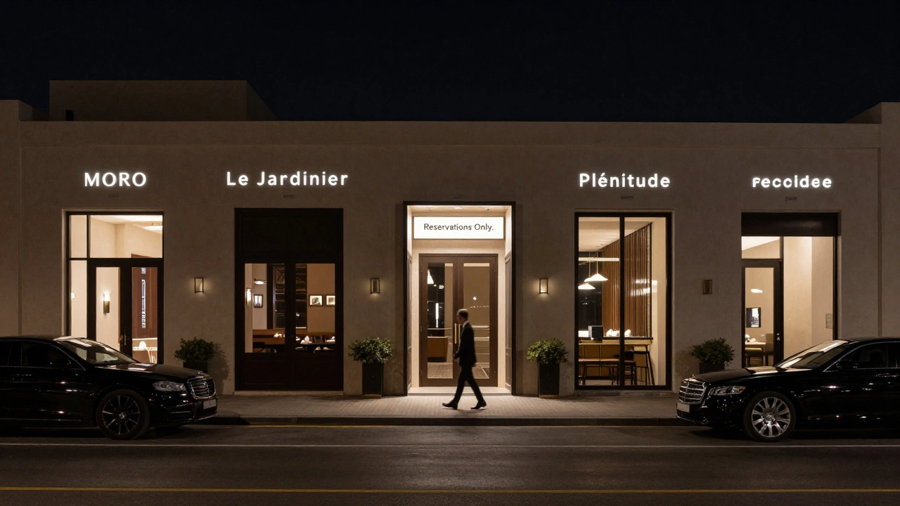 Six discreet Michelin-starred restaurant entrances in Dubai at night, each softly lit and empty.