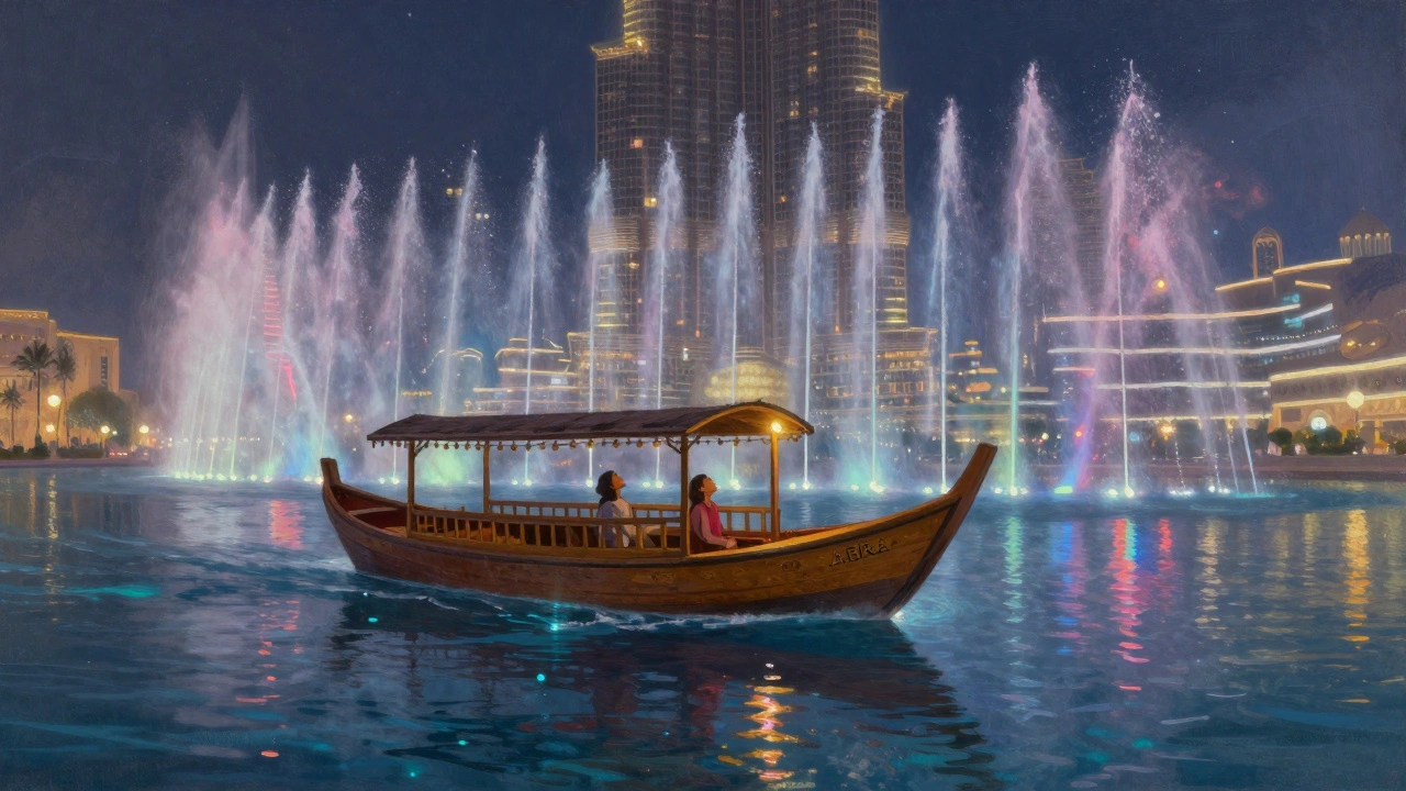 Small traditional boat floating close to illuminated fountain jets on lake