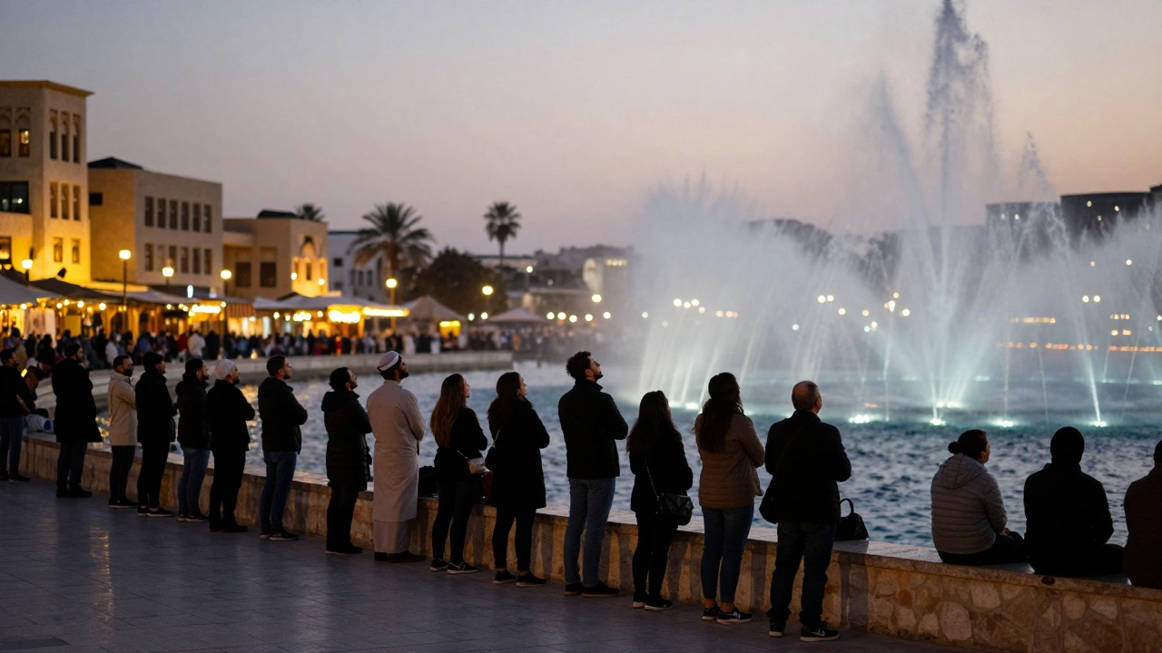 Tourists stand on waterfront promenade watching light show.