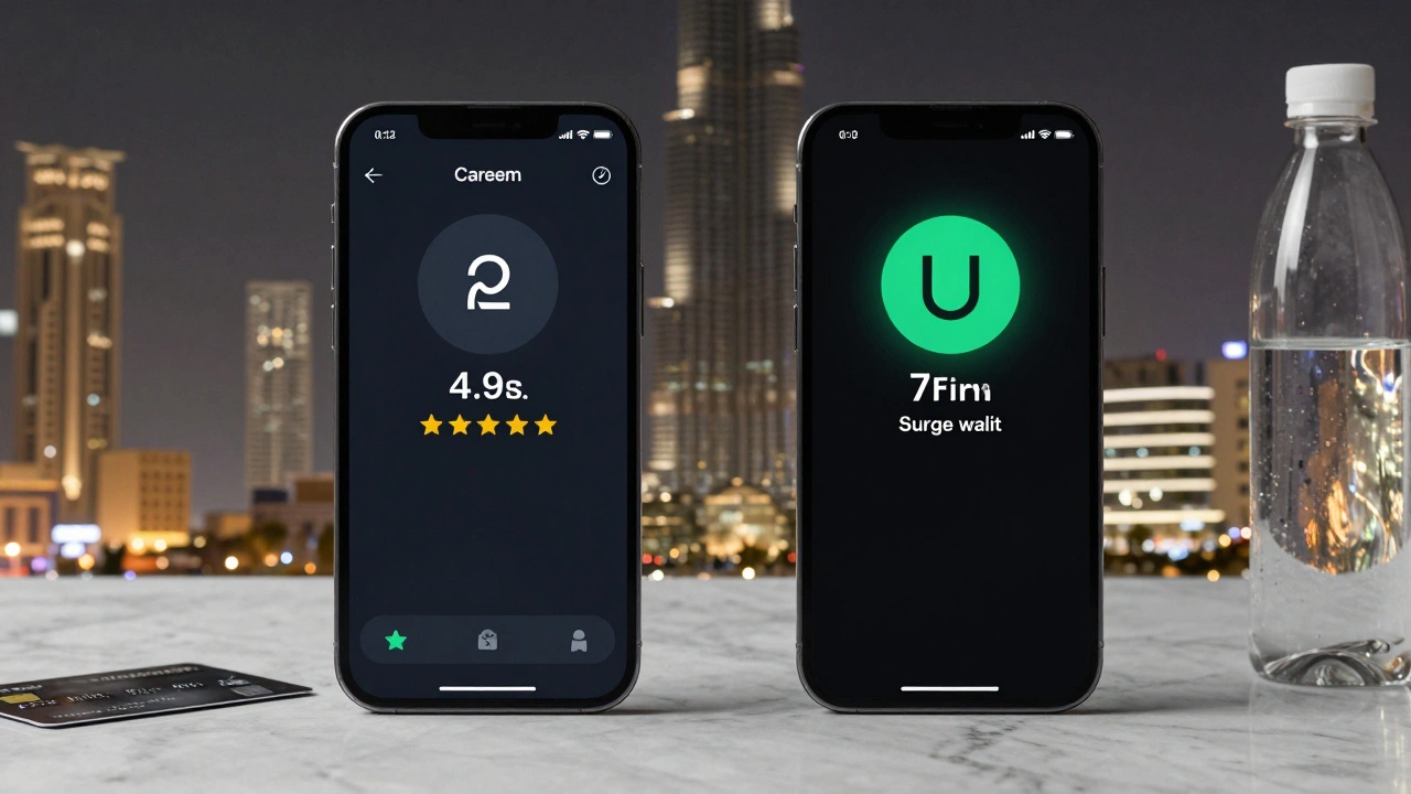Two smartphone screens compare Careem and Uber ride times and ratings against Dubai’s skyline.