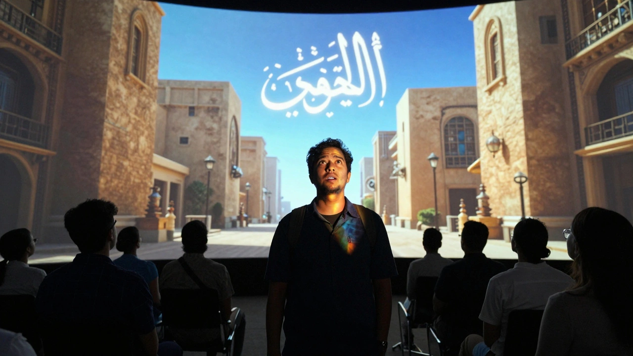 Visitor immersed in holographic futuristic Dubai during an AR cinema experience at Dubai Mall.