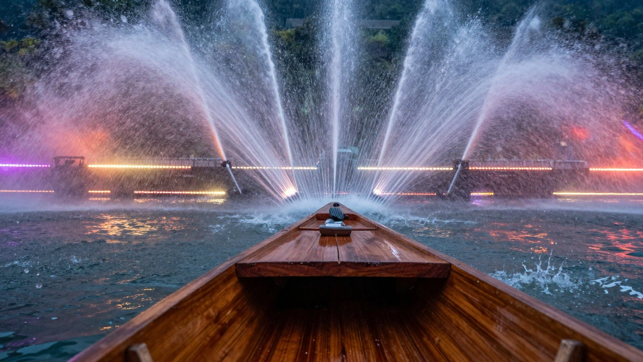 Wooden Abra boat glides through misty fountain lake waters.